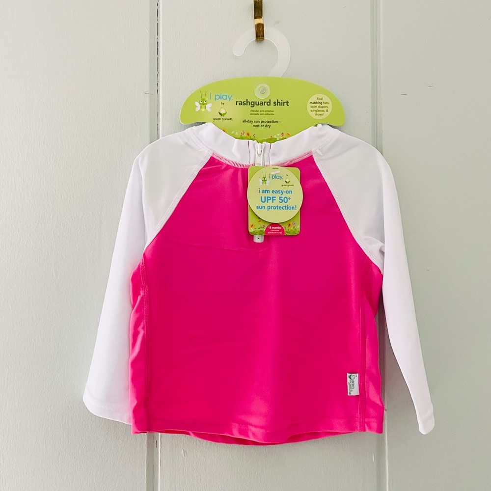 NWT Green Sprouts Pink and White Long Sleeve Zip Up Rashguard Swimsuit / 18mo